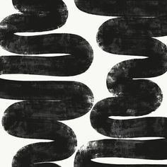 an abstract black and white painting with wavy lines in the middle, on a white background