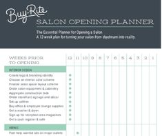 the salon opening planner is shown in green and gray colors, with instructions for how to