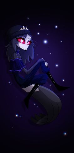 a cartoon character sitting on the ground with red eyes and dark hair, wearing a black outfit