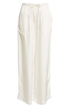 If you must step away from your pool chaise or beach towel, pop on some cotton pants closed with a comfy drawstring. Drawstring waist Front patch pockets 100% cotton Machine wash, line dry Imported Cream Drawstring Pants For Loungewear, White Bottoms With Drawstring And Long Pants, White Drawstring Long Pants, Spring Daywear Pants With Patch Pockets, Daywear Bottoms With Tie Waist And Relaxed Fit, White Lounge Bottoms With Pockets, Cream Drawstring Bottoms For Loungewear, White Relaxed Pants For Lounging, White Relaxed Lounge Pants