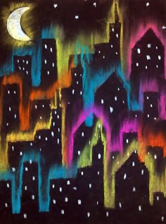 a painting of a city at night with the moon in the sky and stars on it