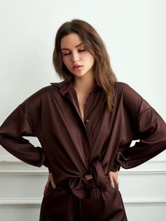 Dark Brown Sleepwear Women Pajama Sets S-Dark Brown Brown Long Sleeve Sleepwear, Autumn Pajamas, Pajamas Satin, Pajamas Aesthetic, Sleepwear Women Pajamas, Satin Long Sleeve, Bachelorette Weekend, Pajama Set Women, Hot Dress