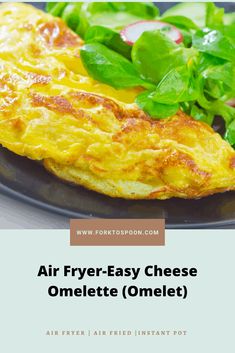 an omelet with spinach leaves on it and the words air fryer - easy cheese omelette