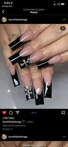 Black French Tips With Chrome, Black And Gold Nail Ideas, French Tips With Chrome, Black French Tip, Black French Tips, French Tip Acrylic Nails, Long Acrylic, Black French, Bling Acrylic Nails