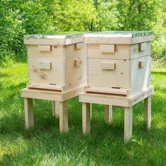 two wooden beehives sitting in the grass