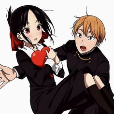 two anime characters one is holding a heart and the other has an arm around her