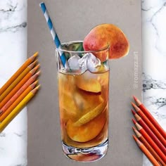 a pencil drawing of a glass with ice and peaches on it next to colored pencils