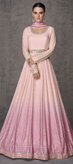 Pink and Majenta color Gown in Georgette fabric with Embroidered, Mirror, Sequence, Thread work Long Gown With Dupatta, Baby Pink Gown, Long Anarkali Gown, Georgette Anarkali, Gown With Dupatta, Pink Gown, Indo Western Dress, Readymade Saree, Anarkali Gown