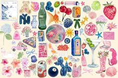 a collage of various items that include bottles, flowers, and other things to be seen in this image