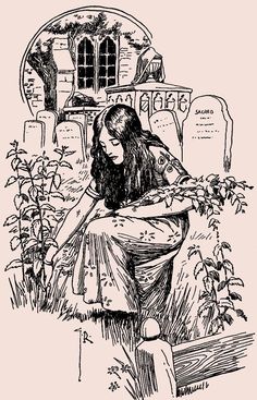 a black and white drawing of a woman kneeling in front of a grave yard with flowers