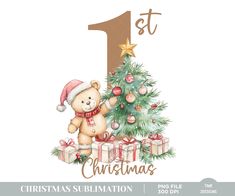 a watercolor drawing of a christmas tree with a teddy bear and presents under it