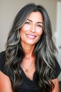 Long Silvery Dark Waves on a smiling older woman with dark brown hair with gray blending. Grey Hairstyle, Thick Wavy Hair, Chop Chop