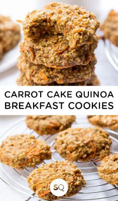 carrot cake quinoa breakfast cookies are stacked on a wire rack with the words, carrot cake quinoa breakfast cookies