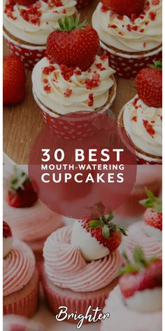 cupcakes with white frosting and strawberries on top are featured in this postcard