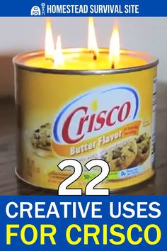 a can that has some candles inside of it with the words 22 creative uses for crisco