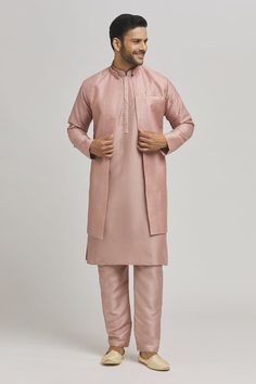 Pastel peach jacket with thread embroidered stripe patterns. Comes with inner kurta and pant. - Aza Fashions Spring Nehru Jacket With Dabka Work, Long Sleeve Bandhgala With Dabka Work For Spring, Peach Long Sleeve Sets With Zari Work, Peach Kurta With Zari Work And Long Sleeves, Peach Kurta With Zari Work, Long Sleeve Peach Kurta With Zari Work, Peach Long Sleeve Kurta With Zari Work, Pink Embroidered Nehru Jacket Kurta, Pink Nehru Jacket With Zari Work For Spring