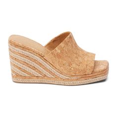 Platform wedge sandal with striped wedge and material interest. Details: Faux cork upper Manmade outsole 4 in / 10.16 cm heel 1 in / 2.54 cm platform Synthetic leather lining Padded insole Slip-on style Whole sizes only; for 1/2 sizes, order next size up. Platform Wedge Heels, Platform Wedge Sandals, Platform Wedge, Girls Boots, Casual Sandals, Wedge Sandal, Boots For Sale, Boho Chic Fashion, Platform Wedges