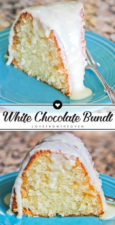 two pictures side by side of a white chocolate bundt cake with icing on a blue plate