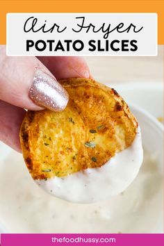 a hand holding a potato slice over a bowl of ranch dressing with the title above it