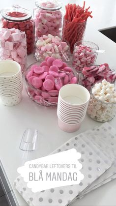 candy bar leftovers for bla mandag on a white table with polka dot napkins