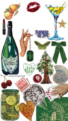 a collage of various items that include wine, cards and other things to make it look like an art project