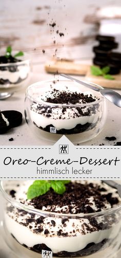 two desserts with oreo - creme and mint leaves on the top one is in a glass dish