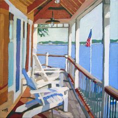 an oil painting of chairs on a porch overlooking the water and american flag in the background