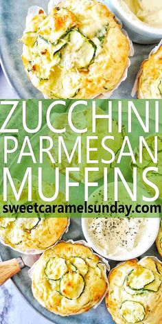 zucchini parmesan muffins on a platter with dipping sauce