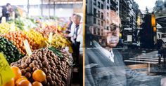 an image of a man in the window of a fruit and vegetable stand with his reflection