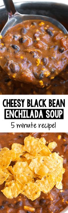 three different views of cheesey black bean enchilada soup with tortilla chips