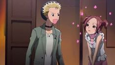 two anime characters standing in front of a door with pink flowers on the wall behind them