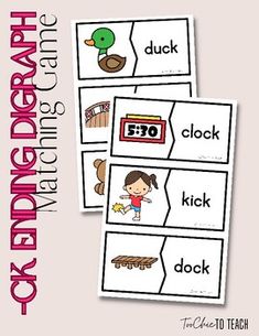 two matching cards with the words duck and duckling in pink, on top of each other