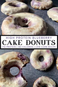 blueberry cake doughnuts on a baking sheet with the words high protein blueberry cake donuts