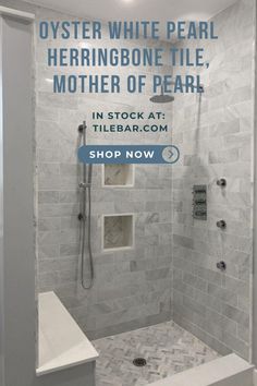 an advertisement for a shower with white marble tile and gray grouting on the walls