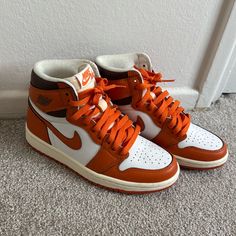 Like New Worn Once No Crease No Scuffs Purchased From Snkrs With Box Orange Jordans, Starfish Colors, Orange Jordan, Shoes Jordan 1, Nike Jordan Shoes, Shoes Orange, Nike Shoes Jordans, Shoes Jordan, Womens Jordans