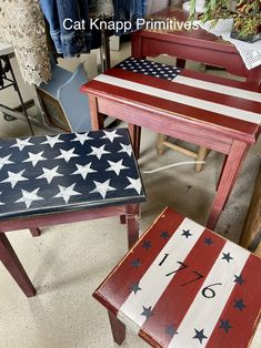 two wooden tables with american flags painted on them