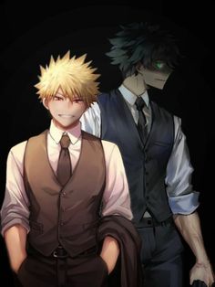 two anime characters standing next to each other in front of a black background, one with blonde hair and the other with green eyes