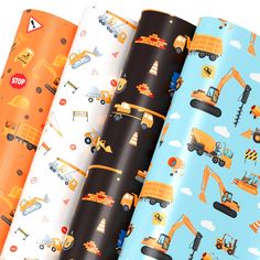 four different types of construction themed wrapping paper