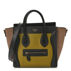 This is an authentic CELINE Baby Grained Calfskin Nubuck Nano Tri-Color Luggage in Olive. This stylish bag is crafted of grained calfskin leather in green, smooth black leather trim, and taupe nubuck leather sinde panels.  This bag features an optional shoulder strap, rolled leather top handles, and an overextending  zipper top. The top opens to a black leather interior with a patch pocket. Olive Leather Top Handle Shoulder Bag, Celine Green Bag, Celine Bag Luggage, On-the-go Travel Bag With Leather Trim And Double Handle, Celine Box, Celine Luggage Micro, Celine Luggage Bag, Zipper Top, Nubuck Leather