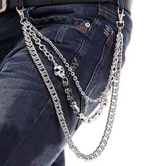 PRICES MAY VARY. Material: Metal. Weight: 214g. Size of Chains: 35cm, 40cm, 56cm This pants chain for men is well made and heavy duty, it's solid wallet keychain It’s super cute- hooks on to belt loops, very nice and has good weight to it It's very reminiscent of the 80's style bike chains, right length not to short or to long Very chic, very sturdy and very attractive piece of hardware that adds that extra boost to your fashion statement Belt Chains, Hip Hop Mode, Jeans With Chains, Chain Pants, Skull Belt, Rock Jeans, Jeans Chain, Estilo Punk Rock, Gothic Mode