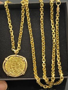 14k handmade Atocha shipwreck gold coin pendant with 14k solid gold chain 24" long 2.9mm Gold Coin Jewelry Stamped 14k, Gold Collectible Medallion Necklace, Gold Coin Pendant Necklace Stamped 14k, Gold-plated Coin Necklace Stamped 14k, Gold Pendant Coin Necklace Stamped 14k, Gold Plated Coin Necklace Stamped 14k, Gold Plated Coin Necklaces Stamped 14k, Gold-plated Coin-shaped Jewelry With Gold Chain, Gold Coin Necklace Collectible