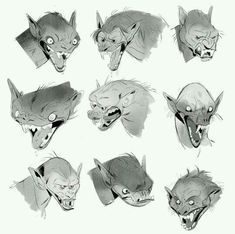 some drawings of different types of animals with their mouths open and eyes wide open,