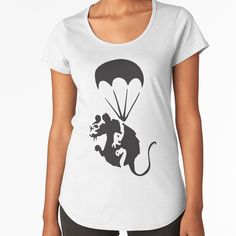 a women's t - shirt with an image of a rat holding a parachute