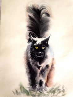 a black and white cat with yellow eyes is walking on the ground in front of a painting