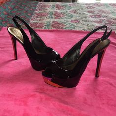 Guess Black W Burnt Orange Heels Never Worn Bold Black High Heels, Bold High Heel Shoes With Contrasting Heel Counter, Bold High Heels With Contrasting Heel Counter, Bold Black Platform Heels, Bold 4-inch Heels For Night Out, Burnt Orange Heels, Orange Heels, Beautiful High Heels, Guess Shoes