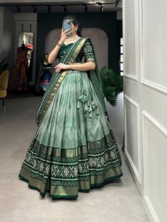 •1800₹ | WhatsApp: 9537461417 | Lehenga(Stitched) Tussar Silk Lehenga Work : Dot and Ikkat Print With foil work | Lehenga Waist : SUPPORTED UP TO 42 Lehenga Closer : Drawstring With Heavy Tassels and Zip Stitching : Stitched With Canvas and attached with Can Can Length : 42 Flair : 4 Meter Inner : Micro Cotton Blouse(Unstitched) Blouse fabric : Tussar Silk Blouse Work : Ikkat Pr Lehenga Traditional, Traditional Lehenga, Lehenga Fabric