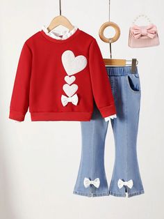 2pcs Young Girls Casual College Style Red Long Sleeve Sweatshirt With White Lace Heart Print Top And Blue Washed Flare Jeans Set, Fall/Winter, For Christmas Red     Geometric,Heart  Non-Stretch  Young Girls Clothing, size features are:Bust: ,Length: ,Sleeve Length: Cute Long Sleeve Sets For Winter, Cute Long Sleeve Winter Sets, Red Long Sleeve Winter Sets, Cute Long Sleeve Sets For Fall, Trendy Long Sleeve Sets For Winter, Cute Red Winter Tops, Cute Red Fall Tops, Cute Red Sets For Fall, Cute Red Long Sleeve Sweater