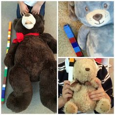 four different pictures of teddy bears with colored pencils in their mouth and one holding a stuffed bear