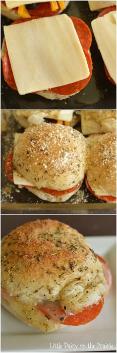 three different views of sandwiches with cheese and tomatoes