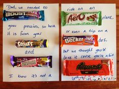 three candy bars on top of a piece of paper with words written in front of them